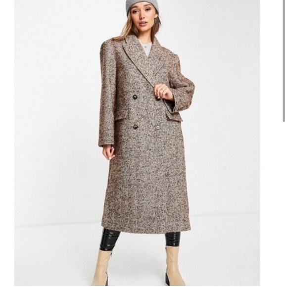 NWOT ASOS DESIGN Smart Herringbone Pea Coat Long Dad Coat Brown Boxy Oversized - Picture 2 of 12